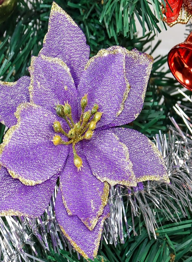 KEPATO Christmas Glitter Poinsettia Christmas Tree Ornaments Pack of 12 (Purple) - Image 5